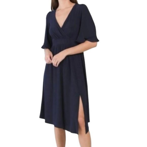 Eliza J Elbow Front Slit Midi Dress Navy Blue Size 4 P - Picture 1 of 9